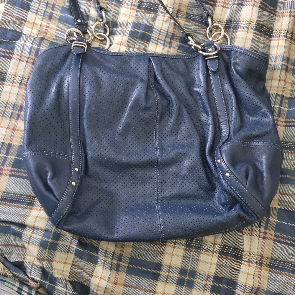 Coach Perforated Navy Leather Shoulder Bag with Silver Hardware